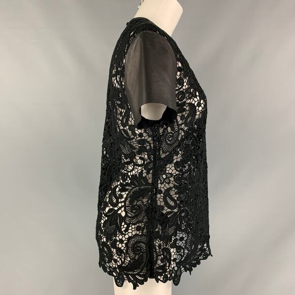 RALPH LAUREN Size 10 Black Guipure Cotton Leather Trim Short Sleeve Dress Top - Picture 2 of 6